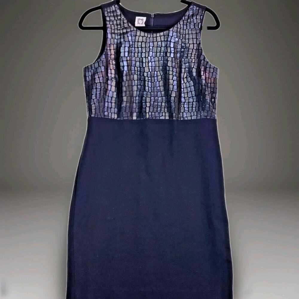 Anne Klein Black Dress Size 6 Faux Leather Crocodile Top Sleeveless Cocktail